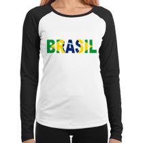 Baby Look Raglan Bandeira Brasil Letras Manga Longa - Foca na Moda