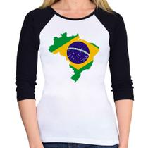 Baby Look Raglan Bandeira Brasil Mapa Manga 3/4 - Foca na Moda