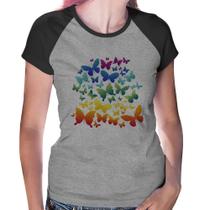 Baby Look Raglan Borboletas Coloridas - Foca na Moda Baby Look Raglan Borboletas Coloridas - Foca na Moda