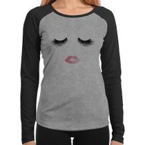 Baby Look Raglan Cílios e Boca Manga Longa - Foca na Moda
