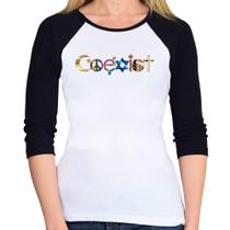 Baby Look Raglan Coexistência Pacífica Manga 3/4 - Foca na Moda Baby Look Raglan Coexistência Pacífica Manga 3/4 - Foca na Moda