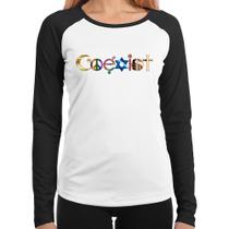 Baby Look Raglan Coexistência Pacífica Manga Longa - Foca na Moda Baby Look Raglan Coexistência Pacífica Manga Longa - Foca na Moda