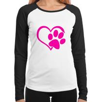 Baby Look Raglan Coração Patinha Rosa Manga Longa - Foca na Moda