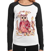Baby Look Raglan Coruja e Folhas Manga Longa - Foca na Moda Baby Look Raglan Coruja e Folhas Manga Longa - Foca na Moda