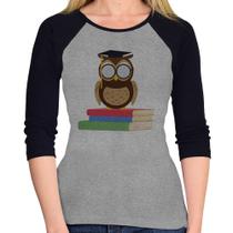 Baby Look Raglan Coruja Estudante Manga 3/4 - Foca na Moda Baby Look Raglan Coruja Estudante Manga 3/4 - Foca na Moda