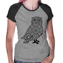 Baby Look Raglan Coruja Mandala - Foca na Moda Baby Look Raglan Coruja Mandala - Foca na Moda