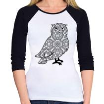 Baby Look Raglan Coruja Mandala Manga 3/4 - Foca na Moda Baby Look Raglan Coruja Mandala Manga 3/4 - Foca na Moda