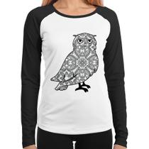 Baby Look Raglan Coruja Mandala Manga Longa - Foca na Moda Baby Look Raglan Coruja Mandala Manga Longa - Foca na Moda
