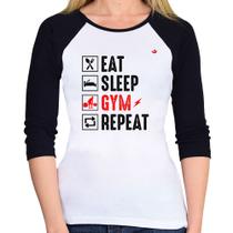 Baby Look Raglan Eat, Sleep, Gym, Repeat Manga 3/4 - Foca na Moda Baby Look Raglan Eat, Sleep, Gym, Repeat Manga 3/4 - Foca na Moda