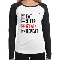 Baby Look Raglan Eat, Sleep, Gym, Repeat Manga Longa - Foca na Moda Baby Look Raglan Eat, Sleep, Gym, Repeat Manga Longa - Foca na Moda