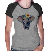 Baby Look Raglan Elefante E Flores - Foca na Moda