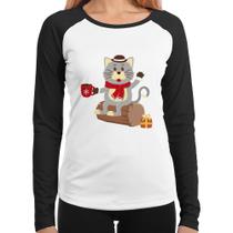 Baby Look Raglan Gatinho Simpático Manga Longa - Foca na Moda Baby Look Raglan Gatinho Simpático Manga Longa - Foca na Moda