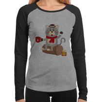 Baby Look Raglan Gatinho Simpático Manga Longa - Foca na Moda