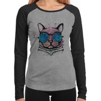 Baby Look Raglan Gato de Óculos Psicodélico Manga Longa - Foca na Moda Baby Look Raglan Gato de Óculos Psicodélico Manga Longa - Foca na Moda