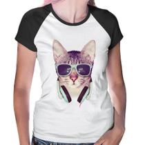 Baby Look Raglan Gato Headphone - Foca na Moda Baby Look Raglan Gato Headphone - Foca na Moda