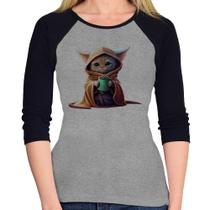 Baby Look Raglan Gato Jedi Manga 3/4 - Foca na Moda Baby Look Raglan Gato Jedi Manga 3/4 - Foca na Moda