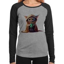 Baby Look Raglan Gato Jedi Manga Longa - Foca na Moda