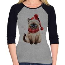 Baby Look Raglan Gato Natalino Gorro e Cachecol Manga 3/4 - Foca na Moda