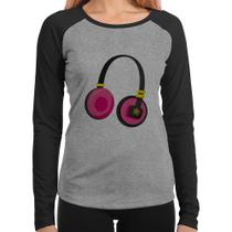 Baby Look Raglan Headphone Rosa Manga Longa - Foca na Moda Baby Look Raglan Headphone Rosa Manga Longa - Foca na Moda