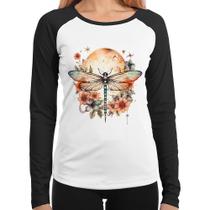 Baby Look Raglan Libélula, Lua e Flores Manga Longa - Foca na Moda
