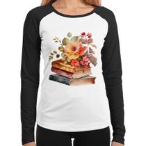 Baby Look Raglan Livros e flores Manga Longa - Foca na Moda Baby Look Raglan Livros e flores Manga Longa - Foca na Moda