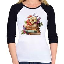 Baby Look Raglan Livros e Flores Vintage Manga 3/4 - Foca na Moda Baby Look Raglan Livros e Flores Vintage Manga 3/4 - Foca na Moda