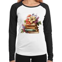 Baby Look Raglan Livros e Flores Vintage Manga Longa - Foca na Moda