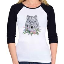 Baby Look Raglan Lobo e Flores Manga 3/4 - Foca na Moda