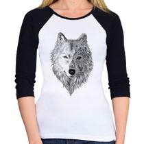 Baby Look Raglan Lobo Mandala Manga 3/4 - Foca na Moda Baby Look Raglan Lobo Mandala Manga 3/4 - Foca na Moda