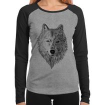 Baby Look Raglan Lobo Mandala Manga Longa - Foca na Moda Baby Look Raglan Lobo Mandala Manga Longa - Foca na Moda