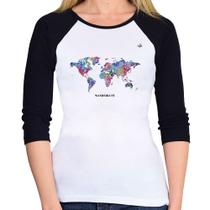 Baby Look Raglan Mapa mundi mosaico Manga 3/4 - Foca na Moda Baby Look Raglan Mapa mundi mosaico Manga 3/4 - Foca na Moda