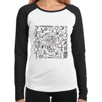 Baby Look Raglan Pizza Elementos Manga Longa - Foca na Moda