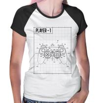 Baby Look Raglan Player 1 Controle Joystick - Foca na Moda Baby Look Raglan Player 1 Controle Joystick - Foca na Moda