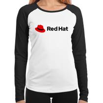 Baby Look Raglan Red Hat Linux Logo Manga Longa - Foca na Moda