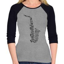 Baby Look Raglan Saxofone Notas Musicais Manga 3/4 - Foca na Moda