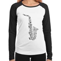 Baby Look Raglan Saxofone Notas Musicais Manga Longa - Foca na Moda Baby Look Raglan Saxofone Notas Musicais Manga Longa - Foca na Moda