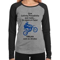 Baby Look Raglan Trilha com os dindos (moto azul) Manga Longa - Foca na Moda Baby Look Raglan Trilha com os dindos (moto azul) Manga Longa - Foca na Moda