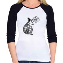 Baby Look Raglan Trompa Notas Musicais Manga 3/4 - Foca na Moda Baby Look Raglan Trompa Notas Musicais Manga 3/4 - Foca na Moda