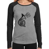 Baby Look Raglan Trompa Notas Musicais Manga Longa - Foca na Moda