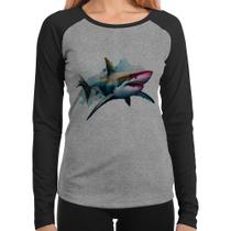 Baby Look Raglan Tubarão Watercolor Manga Longa - Foca na Moda