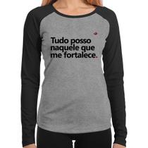 Baby Look Raglan Tudo posso naquele que me fortalece Manga Longa - Foca na Moda Baby Look Raglan Tudo posso naquele que me fortalece Manga Longa - Foca na Moda