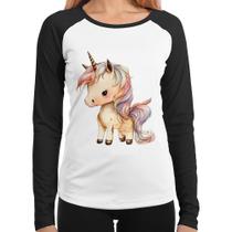 Baby Look Raglan Unicórnio Desenho Manga Longa - Foca na Moda Baby Look Raglan Unicórnio Desenho Manga Longa - Foca na Moda