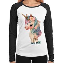 Baby Look Raglan Unicórnio e Flores Manga Longa - Foca na Moda Baby Look Raglan Unicórnio e Flores Manga Longa - Foca na Moda
