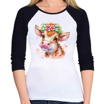 Baby Look Raglan Vaquinha E Flores Manga 3/4 - Foca na Moda Baby Look Raglan Vaquinha E Flores Manga 3/4 - Foca na Moda