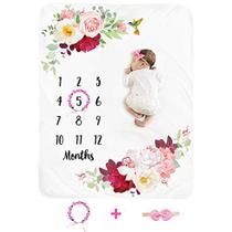 Baby Monthly Milestone Blanket Girl - Floral Newborn Month Blanket Personalizado Shower Gift Soft Plush Fleece Photography Background Photo Prop Flower Blanket with Wreath Headband Large 51''x40''
