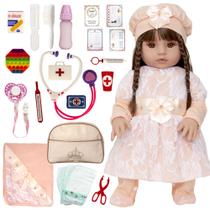 Baby Reborn Princesa Cabelo Castanho Roupa Salmão com Itens