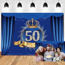 Backdrop OERJU Happy 50th Birthday 3x2m em vinil dourado azul