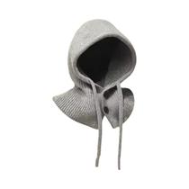 Balaclava Feminina De Inverno Em Tricô Com Capuz Quente E Moderno Estilo Coreano Sem Aba Com Cordão