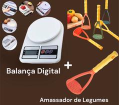 Balança De Cozinha Digital Alta Precisão 10kg Branca Dieta Confeitaria + Amassador De Batata Legumes Frutas Coloridos Plástico