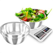 Balança de Cozinha Digital Alta Precisão 10Kg para Dieta Fitness e Kit 3 Tigelas Aço Inox 900ml